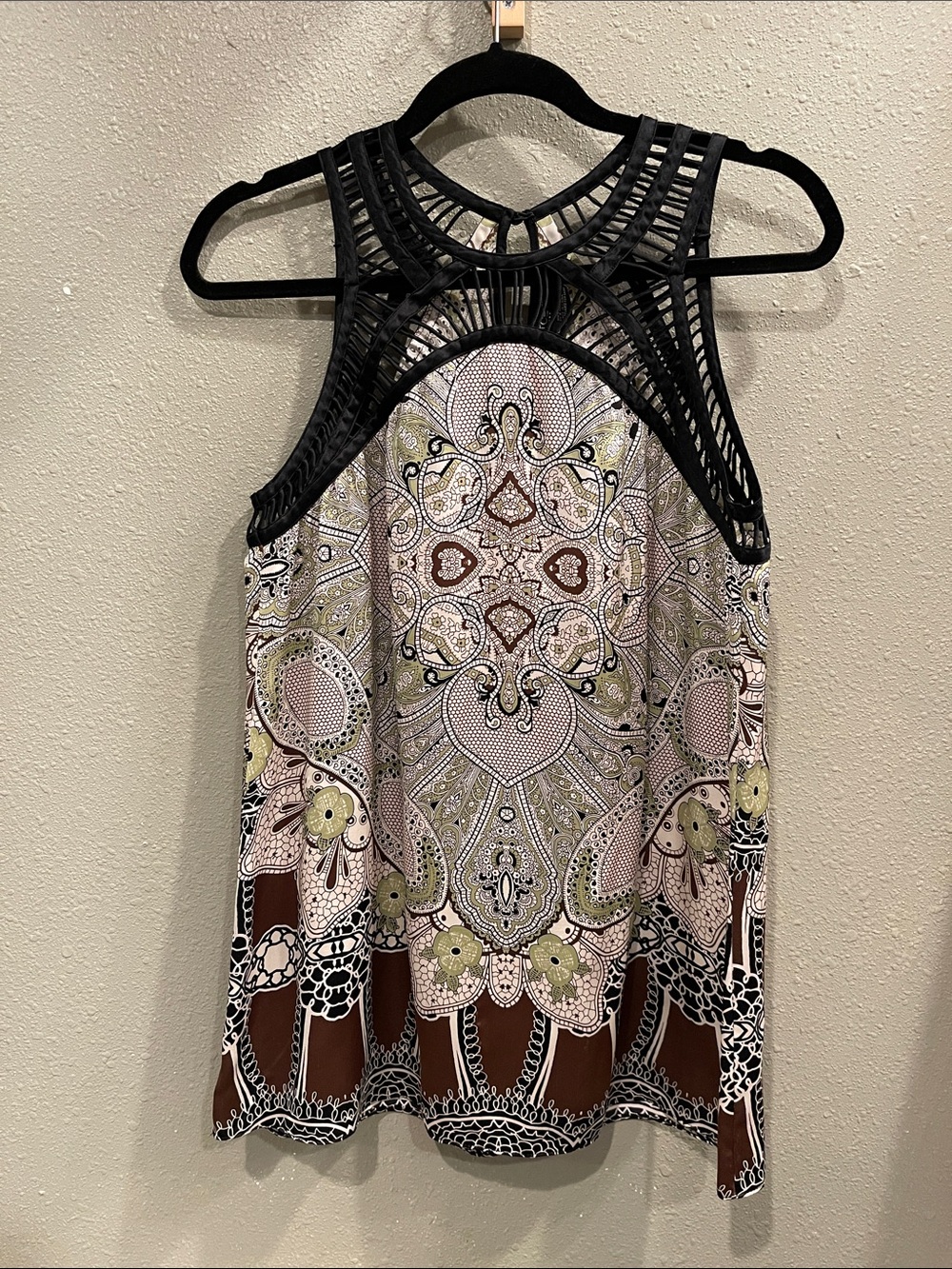 Etcetera Black Crochet Yoke Silk Paisley Tank